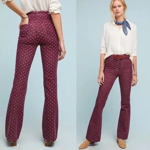 Anthropologie Pilcro Corduroy Pants Size 32 Burgundy Floral Bootcut Flare Retro - Picture 1 of 11